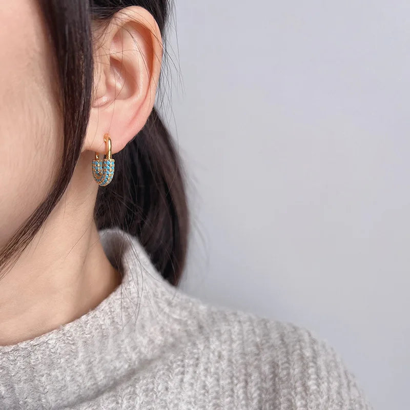 Elegant Turquoise Beaded U Shape Lock Gold Alloy Hoop Stud & Clip On No Piercing For Women Earrings