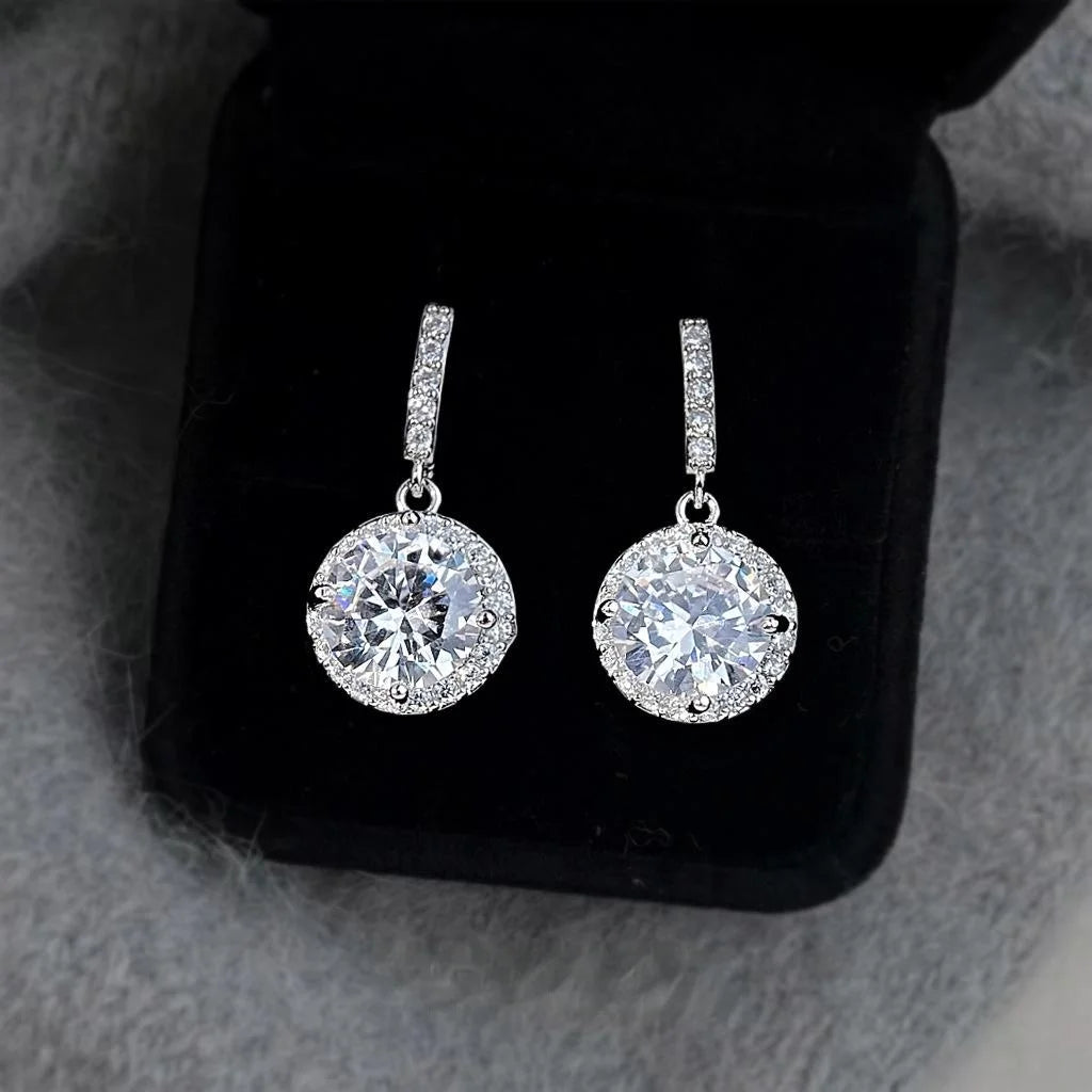 Sparkling Zircon Round Drop Earrings Eco Copper Silver Plated Light Luxury Geometric Jewelry