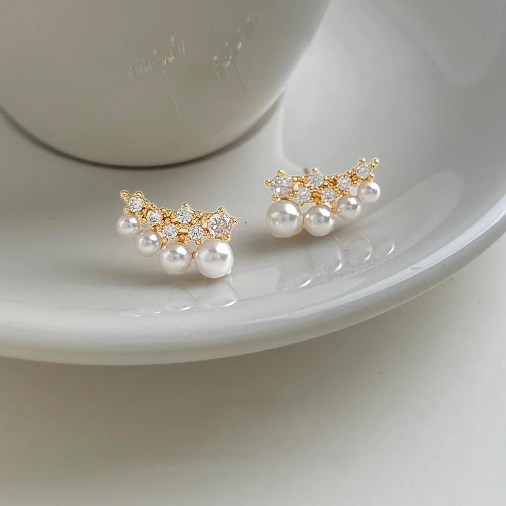 Light Luxury Copper Zircon Pearl Stud Earrings For Women Geometric Firework Ring Line Design