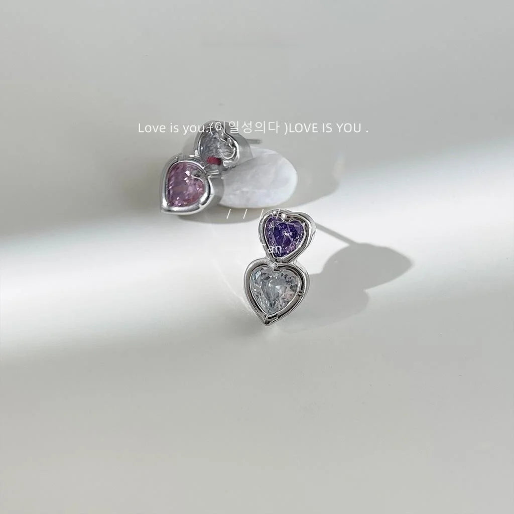 Korean Japanese Style Copper Micro Pave Zircon Colorful Heart Asymmetric Stud Earrings