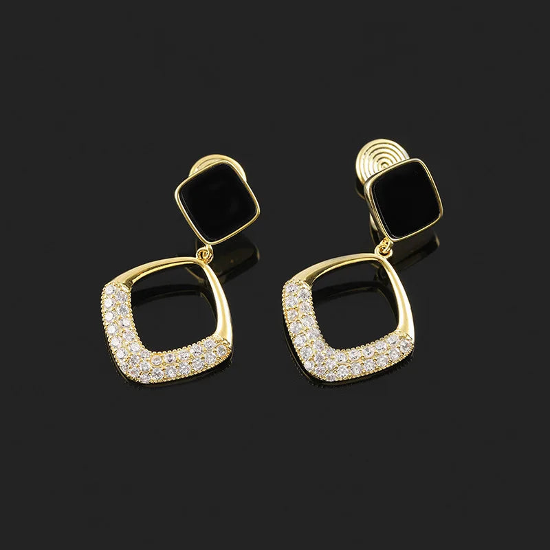 Luxury Geometric Black Enamel Square Rhinestone Alloy Dangle Stud & Clip On No Piercing Earrings