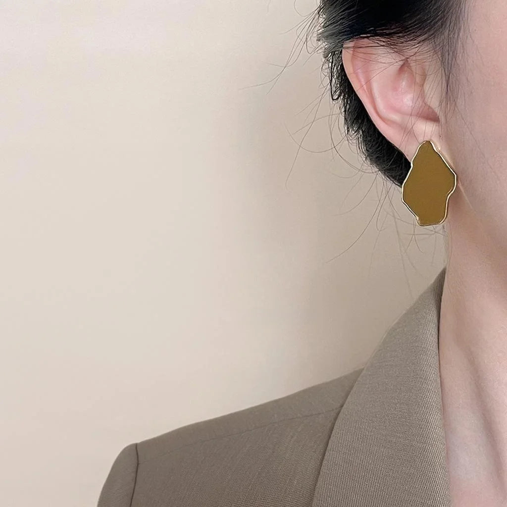 French Vintage Irregular Green Enamel Metal Geometric Stud Earrings For Women
