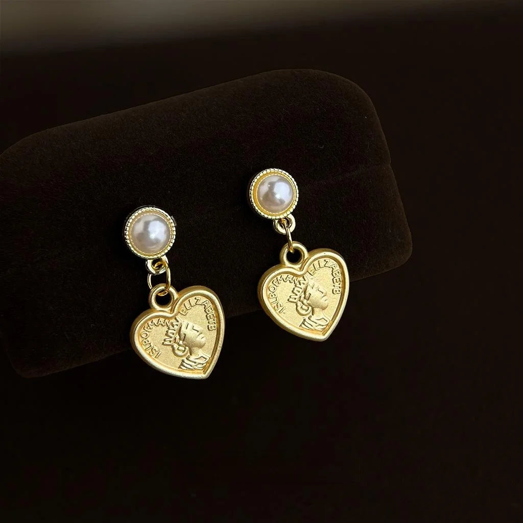 Vintage Matte Alloy Heart Coin Portrait Stud Earrings With Silver Plated Pins