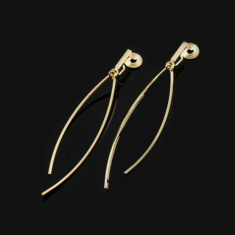 Elegant Gold Alloy Spiral Disc Long Tassel Stud & Clip On No Piercing Minimalist Drop Earrings