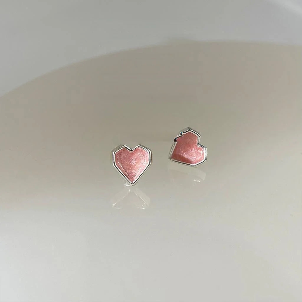 Mini Pink Enamel Heart Stud Earrings Silver Plated Copper Sweet Minimalist Jewelry