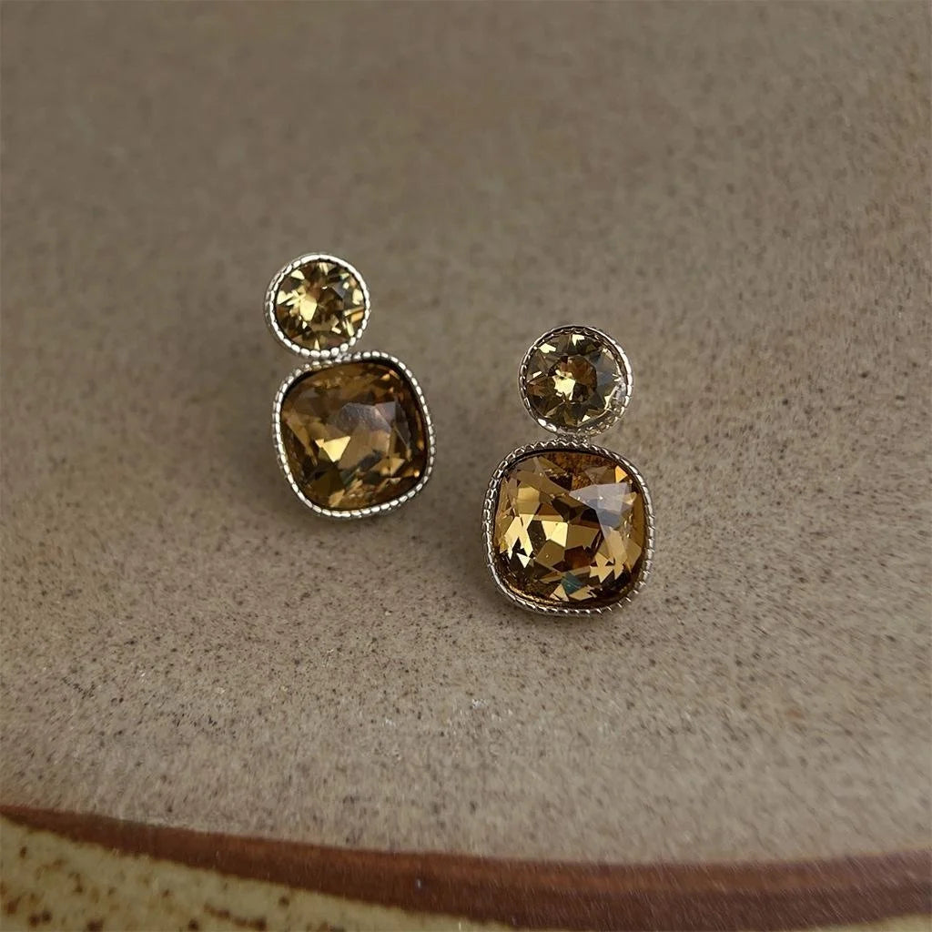 French Vintage Geometric Glass Crystal Drop Earrings Copper Square Luxury Palace Style Jewelry