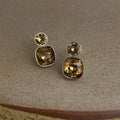French Vintage Geometric Glass Crystal Drop Earrings Copper Square Luxury Palace Style Jewelry