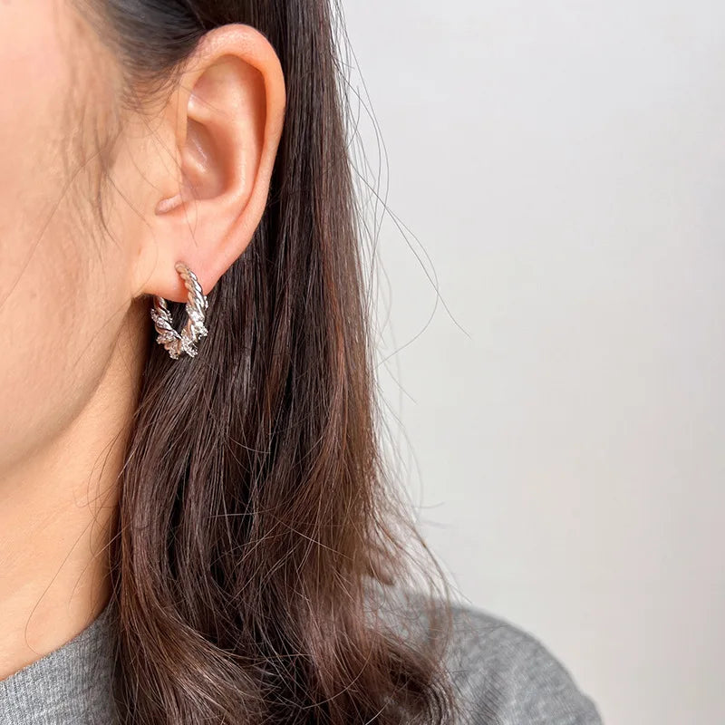 Elegant Silver Alloy Twisted Hoop Zircon Stud & Clip On No Piercing Spiral Huggie Earrings
