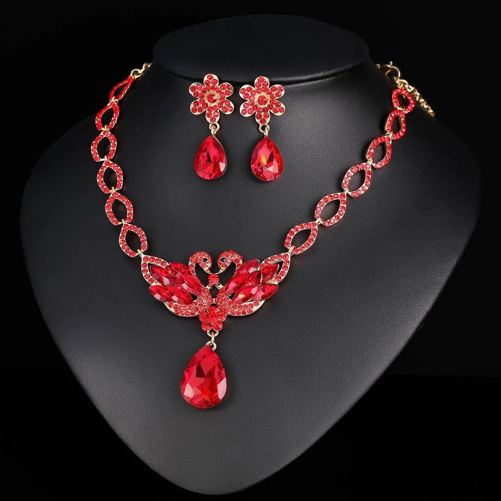 Luxury Bridal Swan Crystal Rhinestone Alloy Jewelry Set With Teardrop Necklace Earrings For Wedding