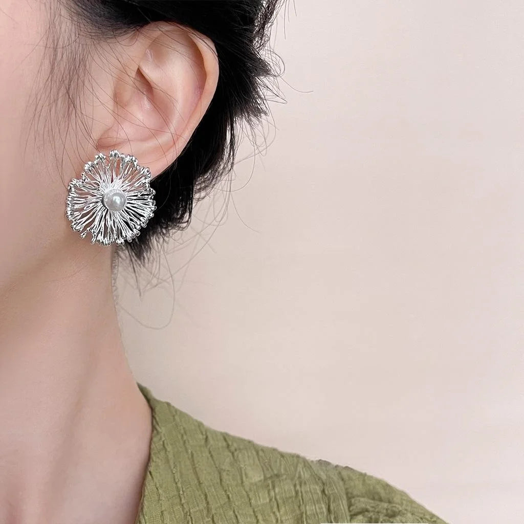 Designer Oversized Floral Glass Pearl Copper Drop Earrings With Ruffle Petal Luxury Style