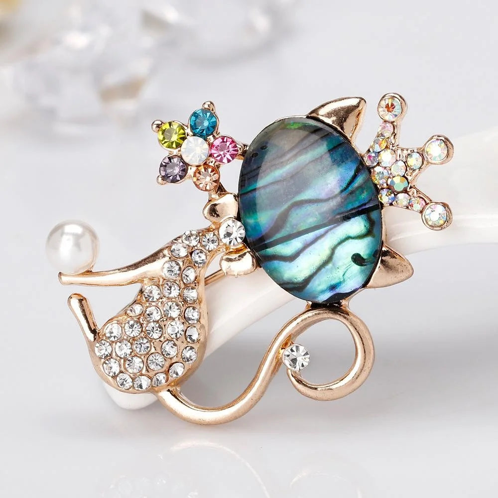 Cute Cat Crown Brooch With Mother Of Pearl Shell And Rhinestone Alloy Lapel Pin Corsage Gift
