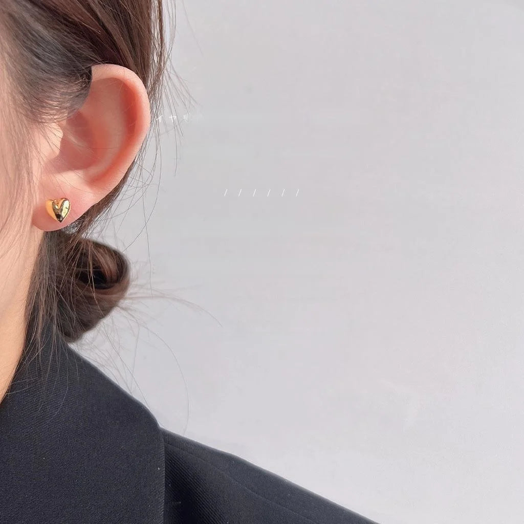 14K Gold Plated Copper Mini Smooth Heart Stud Earrings For Women Simple Korean Style