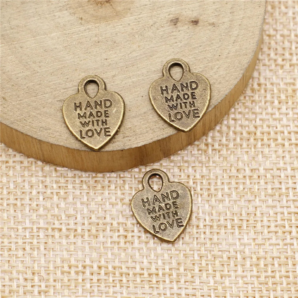 15x12mm 0.9g Zinc Alloy Heart Hand Made with Love Double Sided Charm Pendant for DIY Bracelet Jewelry Making