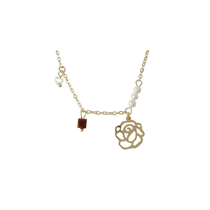 Vintage French Style Gold Plated Copper Pearl Rose Collarbone Necklace For Women