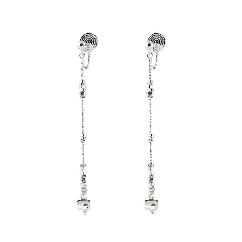Elegant Silver Alloy Broken Silver Bead Long Chain Tassel Stud & Clip On No Piercing Women's Earrings