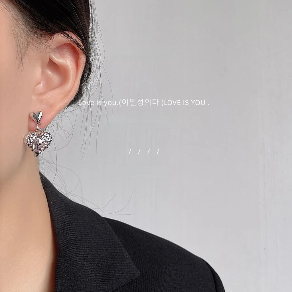 Sweet Cool Heart Stud Earrings Copper Silver Plated Pin Trendy Style Jewelry