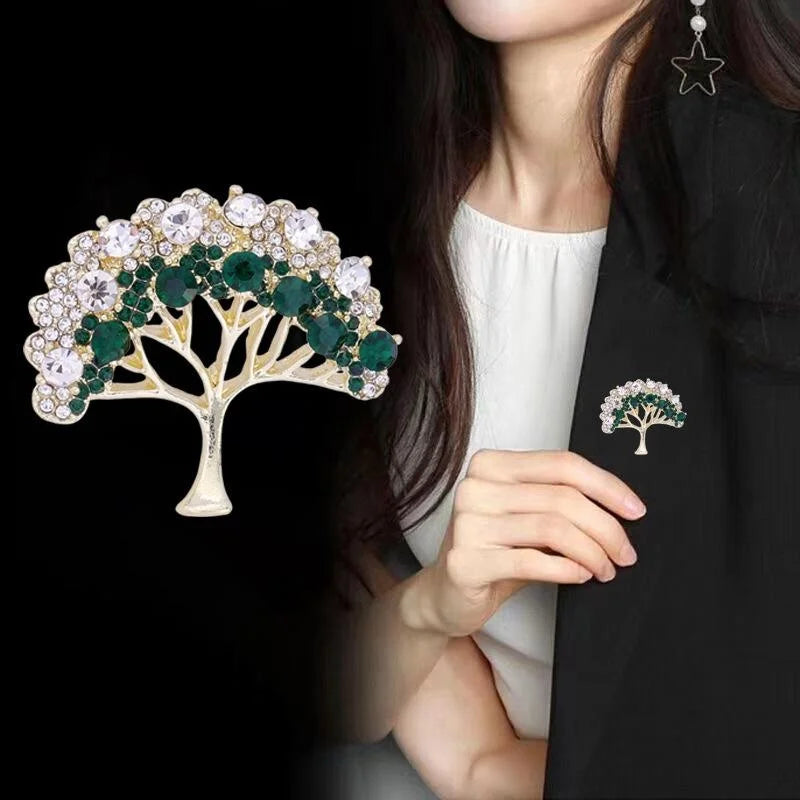 Elegant Fortune Tree Brooch With Green Zircon Rhinestones, Gold Alloy Lapel Pin Corsage For Women Suit Gift