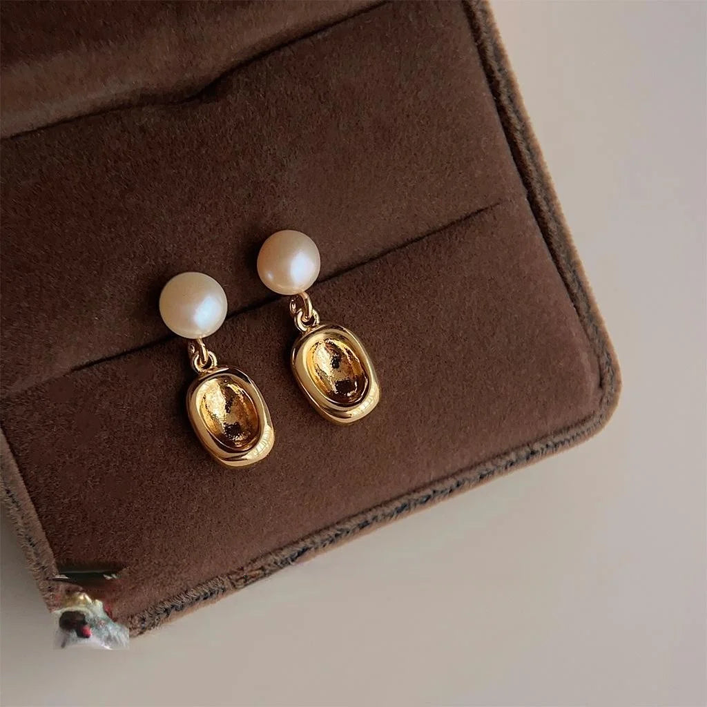 Freshwater Pearl Geometric Oval Drop Earrings, 14K Plated Minimalist Copper Jewelry