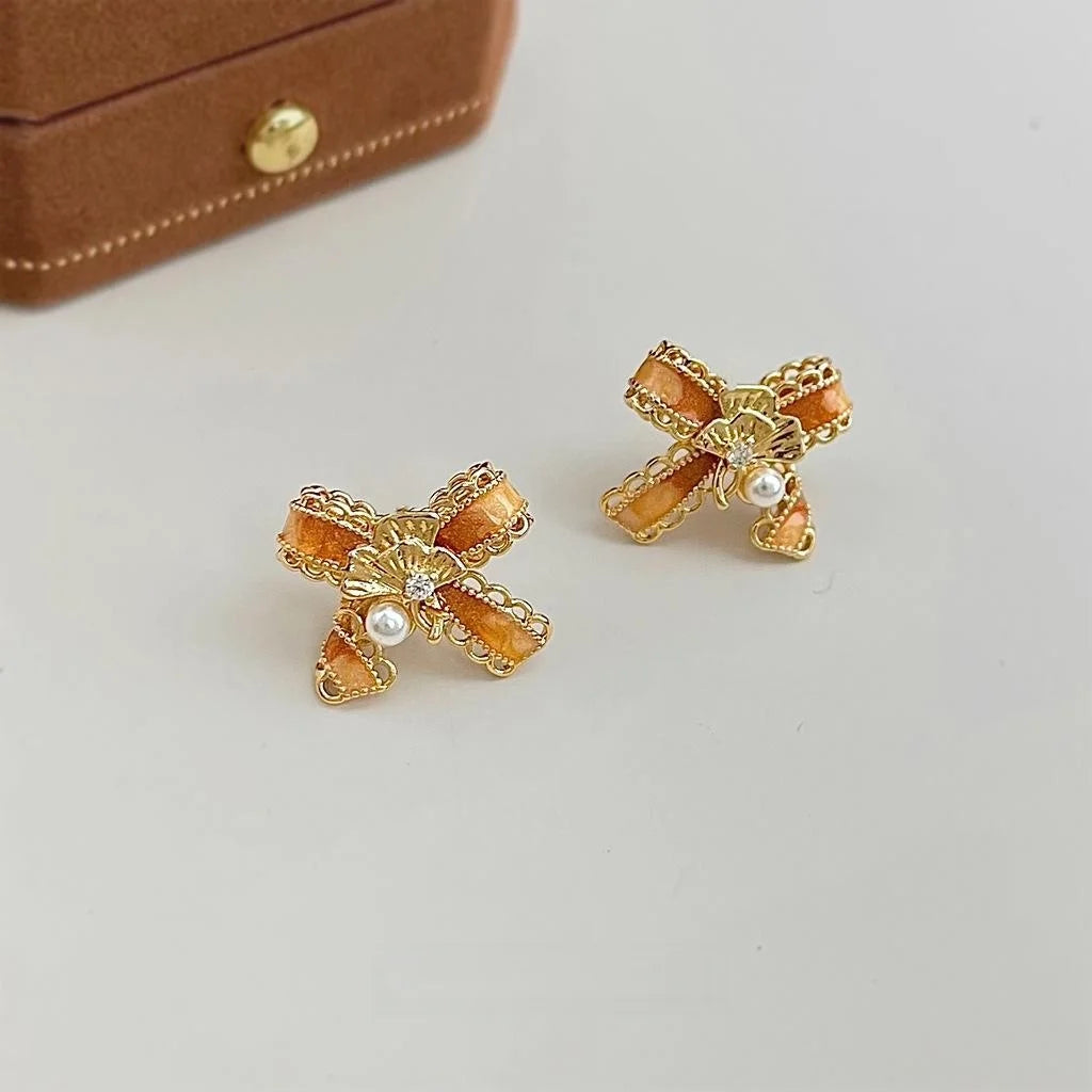 Maillard Style Bow Ginkgo Leaf Stud Earrings, Hand Painted 14K Plated Copper