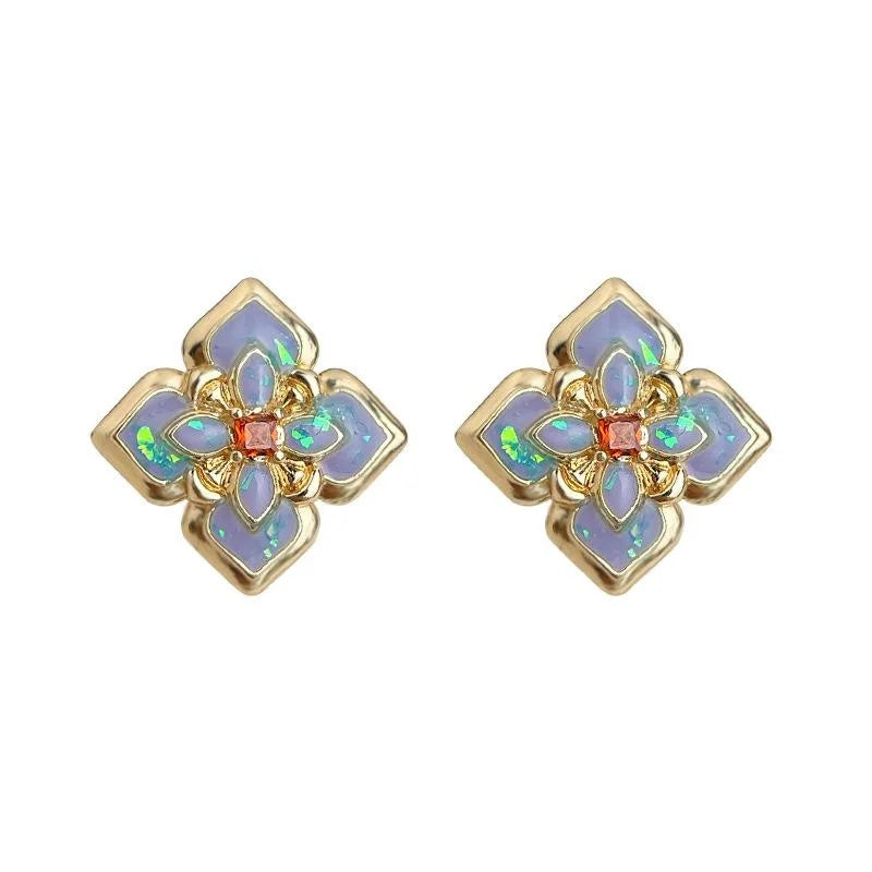 Light Luxury Enamel Drip Glaze Floral Geometric Copper Stud Earrings