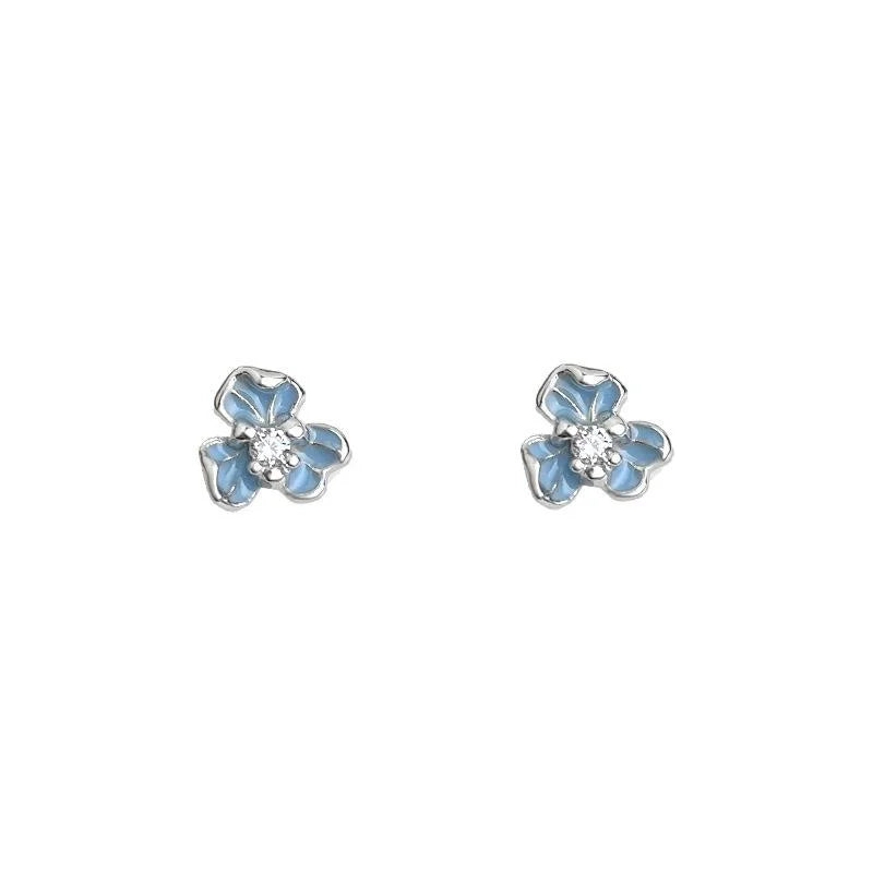 Petite Blue Iris Flower Stud Earrings Copper Zircon Enamel Chic Jewelry