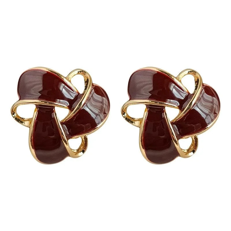Vintage Wine Red Geometric Triangle Hollow Enamel 14K Plated Copper Stud Earrings