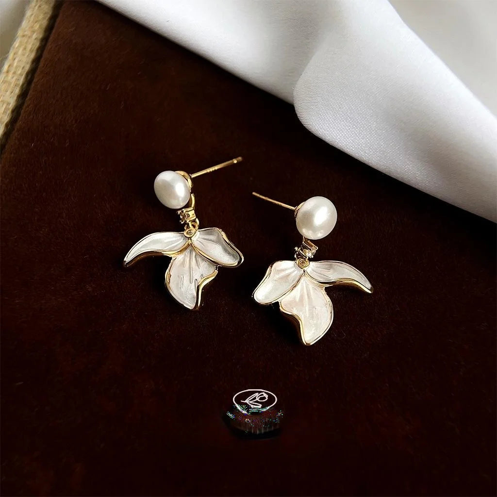 14K Gold Plated Copper Freshwater Pearl Micro Pave Zircon Iris Flower Sweet Drop Earrings