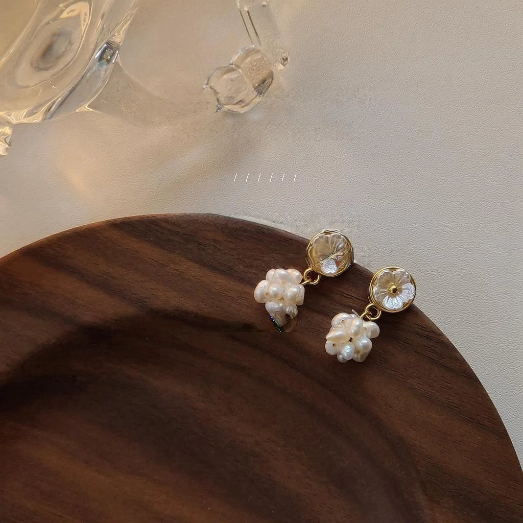 14K Plated Freshwater Pearl Floral Stud Earrings Handmade Sweet Design For Women
