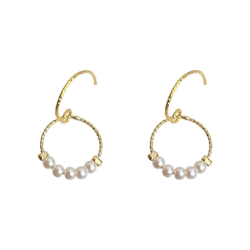Minimalist Copper Round Geometric Hollow Pearl Drop Earrings, Handmade Elegant Jewelry