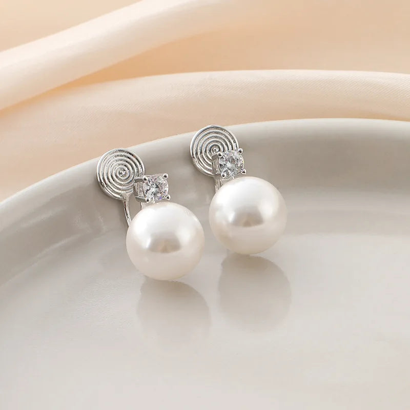 Luxury Classic 12mm Pearl Drop Zircon Spiral Alloy Stud & Clip On No Piercing Earrings