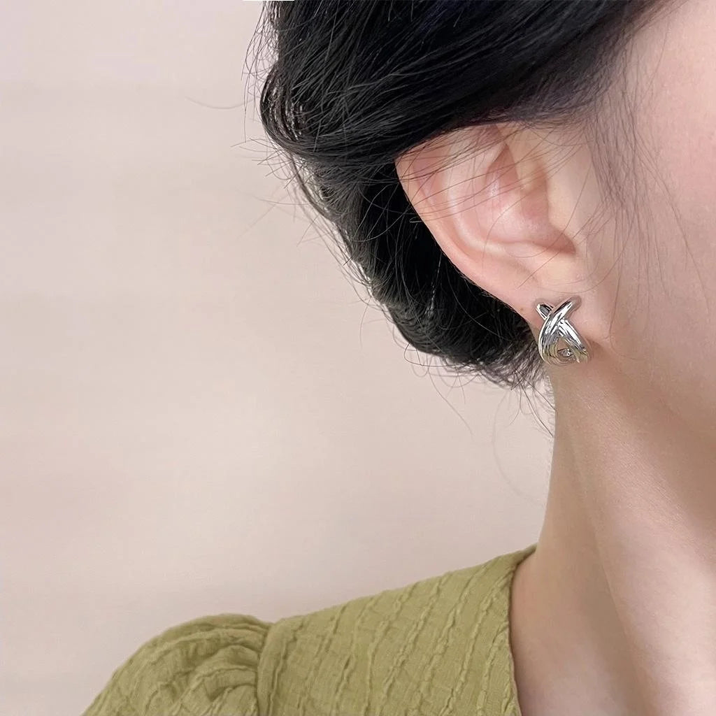 Textured Copper Geometric Cross Arc Fishtail Stud Earrings