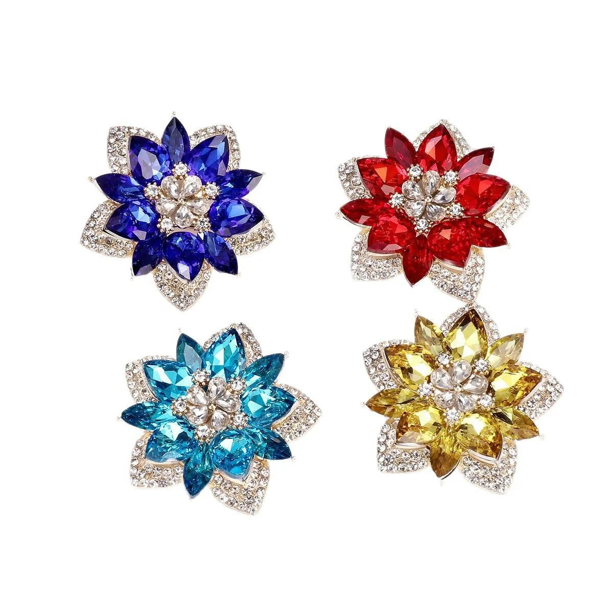Elegant Blue Glass Crystal Flower Brooch With Rhinestone Petals, Luxury Lapel Pin Corsage For Suits