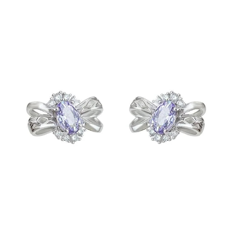 Light Luxury Purple Zircon Hollow 3D Bow Geometric Copper Stud Earrings