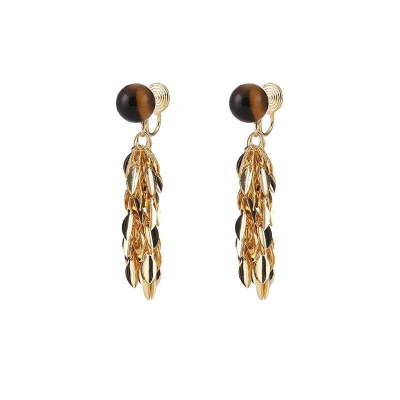 Vintage Tiger Eye Stone Gold Alloy Leaf Tassel Stud & Clip On No Piercing Long Drop Earrings
