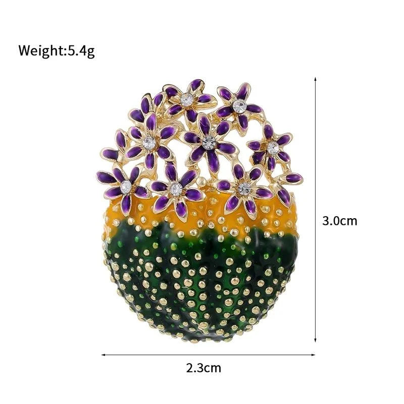 Cute Enamel Cactus Flower Brooch With Rhinestones, Gold Tone Alloy Plant Lapel Pin Corsage Gift