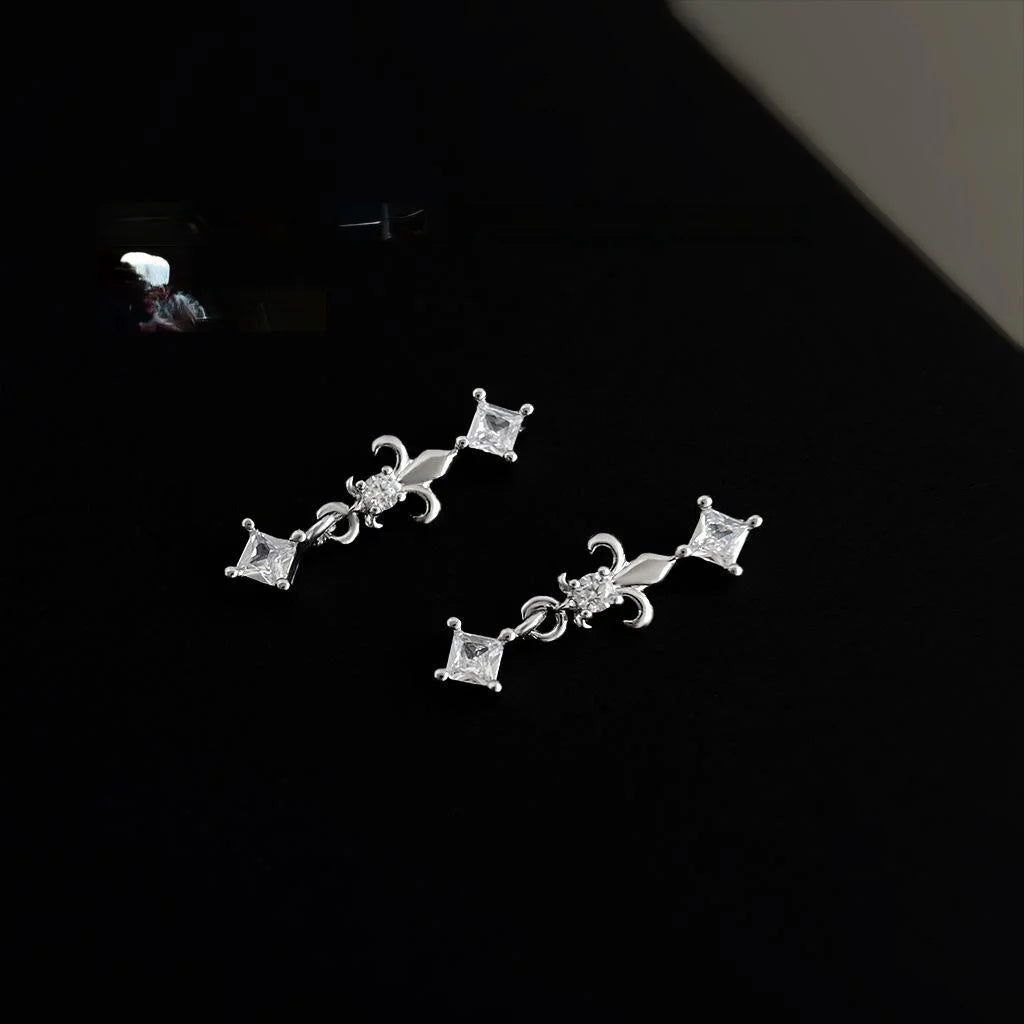 Light Luxury Iris Flower Micro Pave Zircon Copper Drop Earrings With Silver Plated Pins