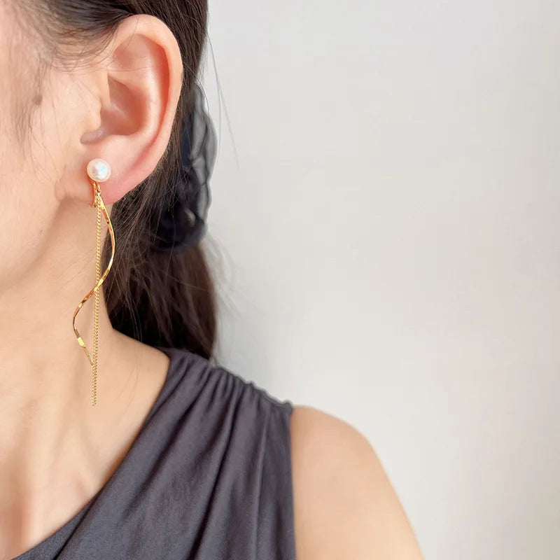 Elegant Natural Pearl Swirl Tassel Chain Stud & Clip On No Piercing Gold Tone Alloy Long Drop Earrings