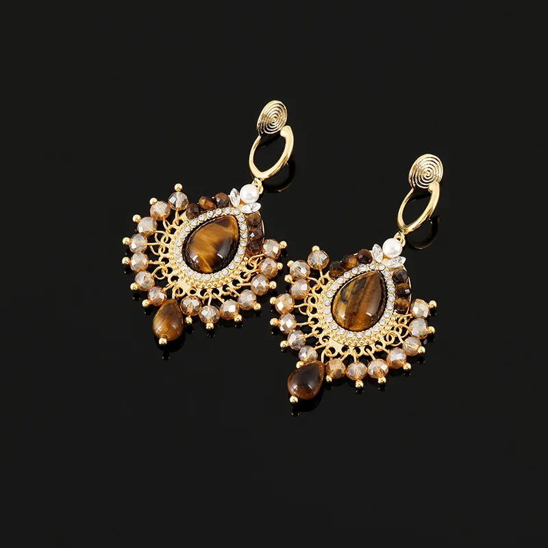 Vintage Ethnic Teardrop Tiger Eye Crystal Pearl Tassel Stud & Clip On No Piercing Earrings