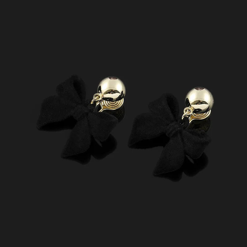 Vintage Black Velvet Bow Alloy Gold Ball Drop Stud & Clip On No Piercing Women's Fashion Earrings