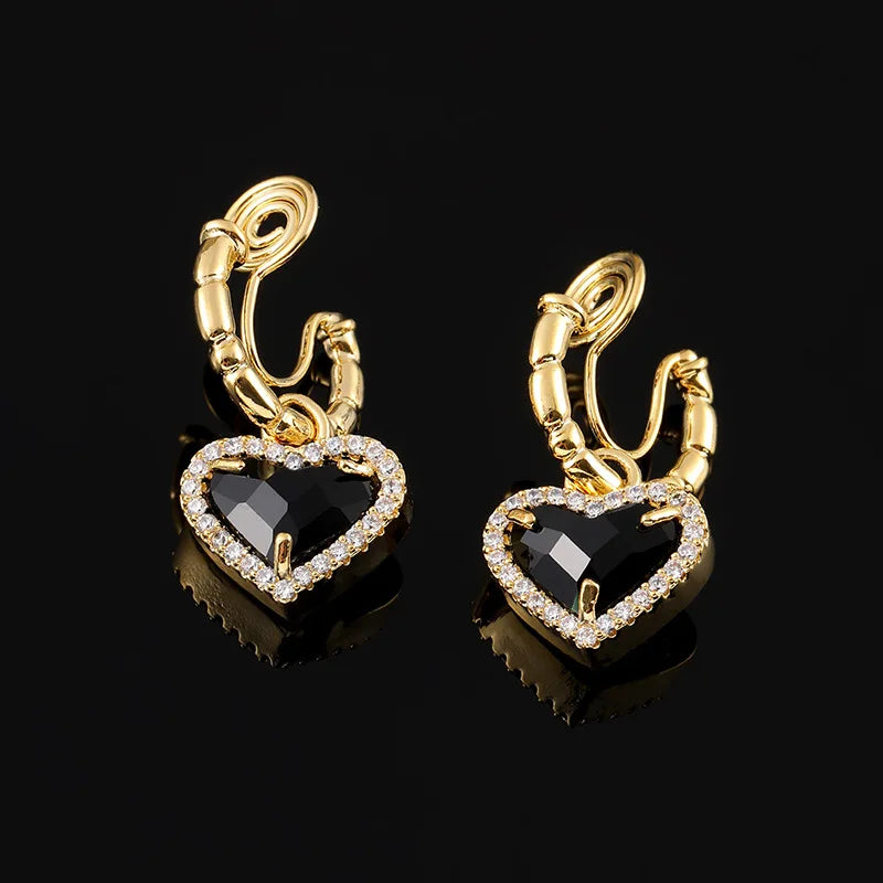 French Luxury Black Heart Zircon Rhinestone Spiral Hoop Stud & Clip On No Piercing Gold Tone Earrings