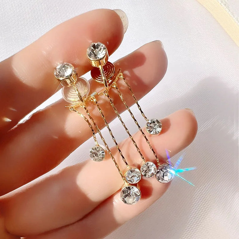Elegant Rhinestone Spiral Alloy Chain Tassel Stud & Clip On No Piercing Back Hanging Earrings