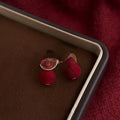 Retro Hong Kong Style Burgundy Flocked Pom Ball Drop Earrings With Drip Enamel