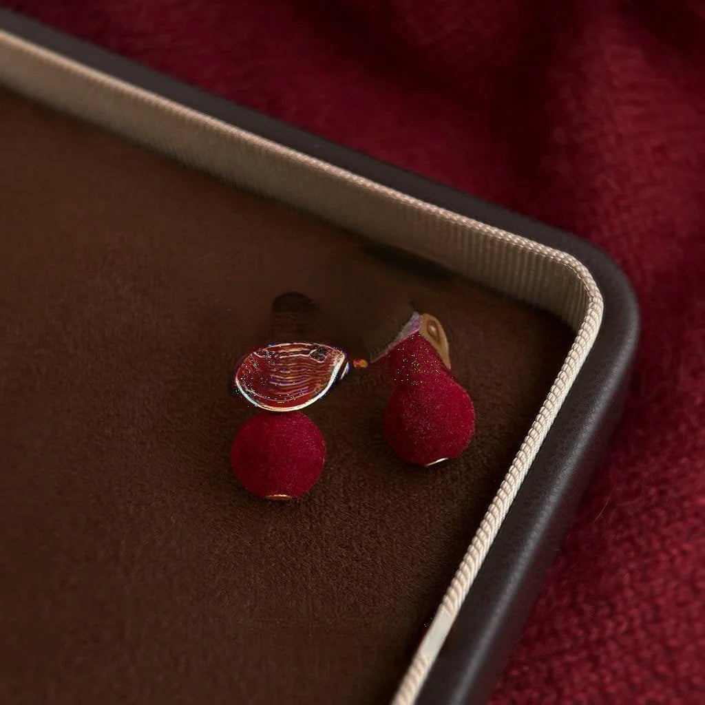 Retro Hong Kong Style Burgundy Flocked Pom Ball Drop Earrings With Drip Enamel