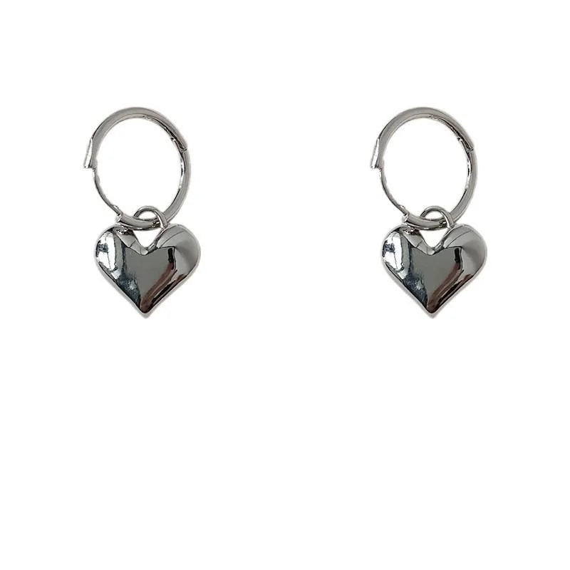 Minimalist Silver Heart Drop Earrings Copper 3D Smooth Metal Korean Japanese Style