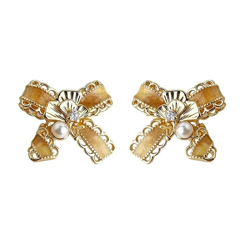 Maillard Style Bow Ginkgo Leaf Stud Earrings, Hand Painted 14K Plated Copper