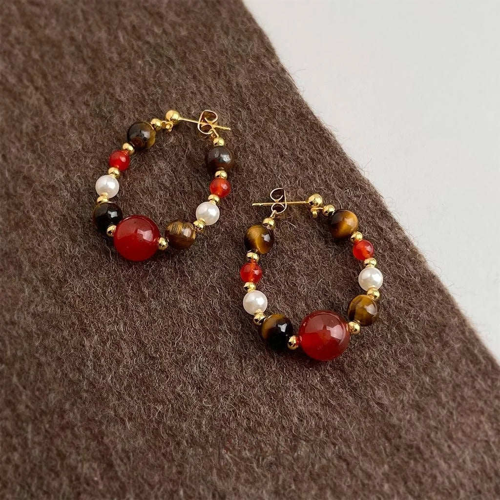 New Chinese Retro Copper Tiger Eye Red Agate Pearl Geometric Drop Earrings