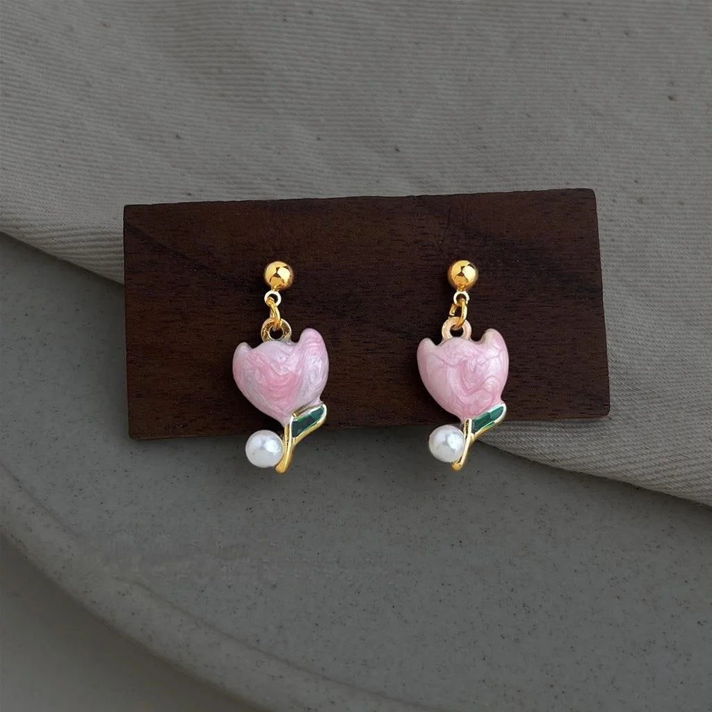 Hand Painted Enamel Tulip Stud Earrings Eco-Friendly Copper Alloy Fresh Floral Jewelry
