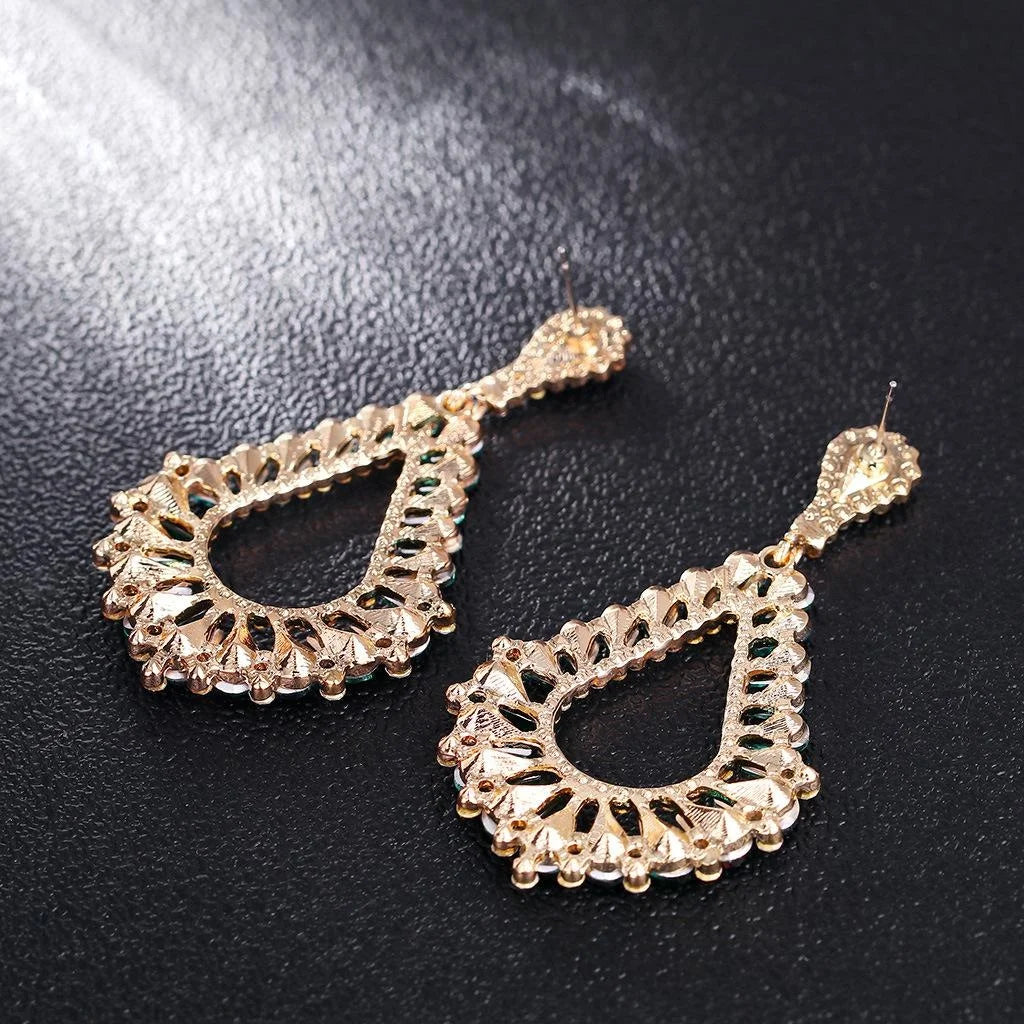Vintage Bohemian Green Glass Crystal Rhinestone Teardrop Alloy Chandelier Earrings For Wedding Party