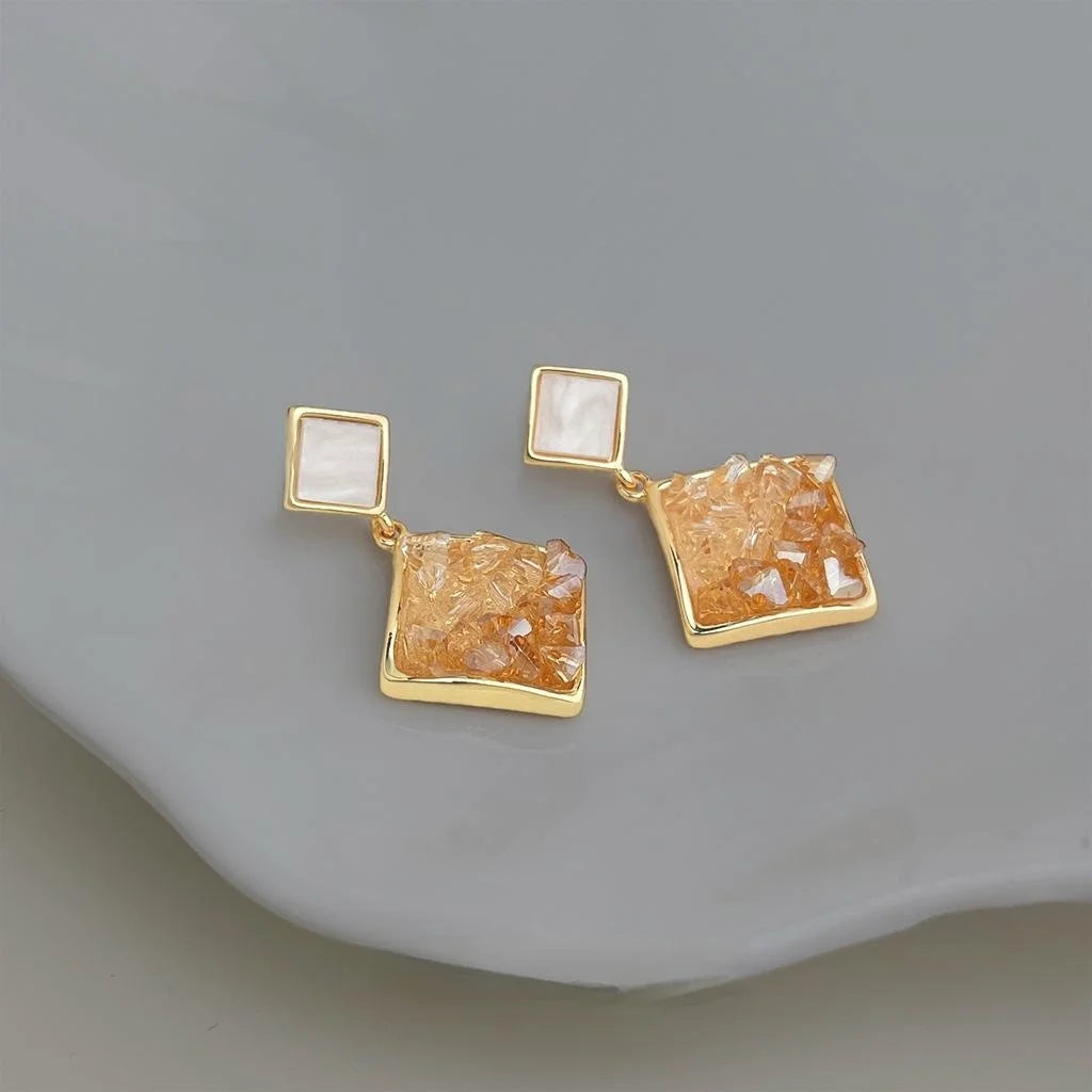 Gradient Orange Sea Glass Crystal Stud Earrings Eco-Friendly Copper Square Geometric Vacation Style