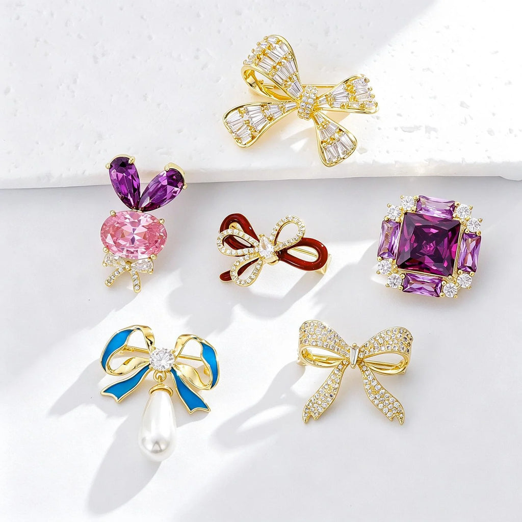 Luxury Bowknot Zircon Rhinestone Enamel Pearl Brooch, Elegant Gold Alloy Lapel Pin Suit Accessory Gift